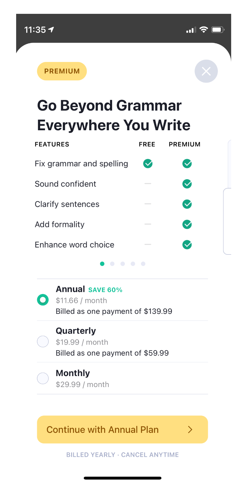 Grammarly - Keyboard & Editor mobile app subscription paywall