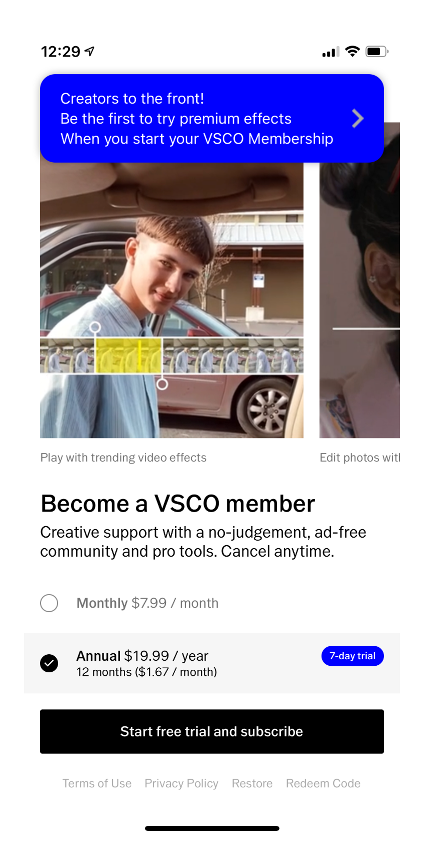 VSCO Photo & Video Editor mobile app subscription paywall