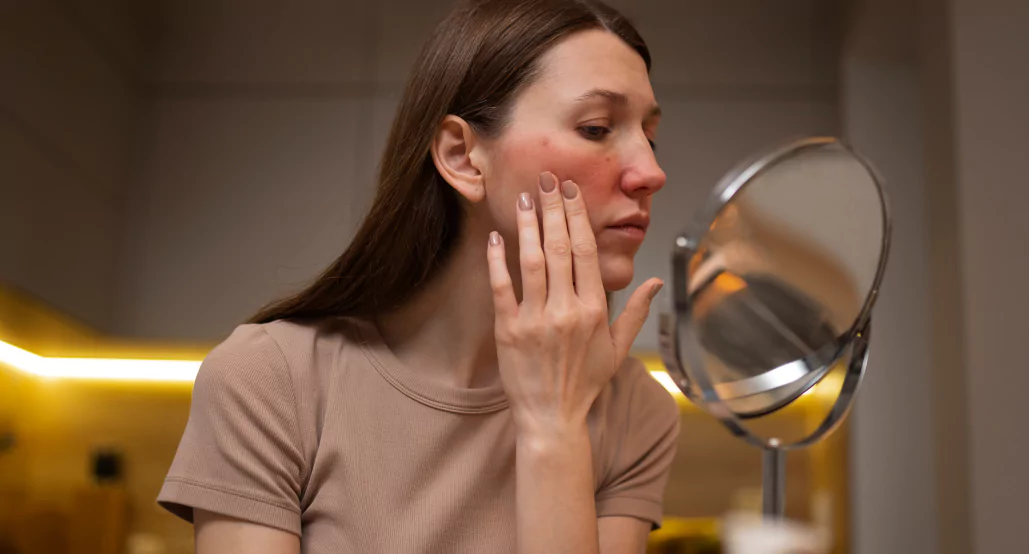 A lady looking at her psoriasis in the mirror