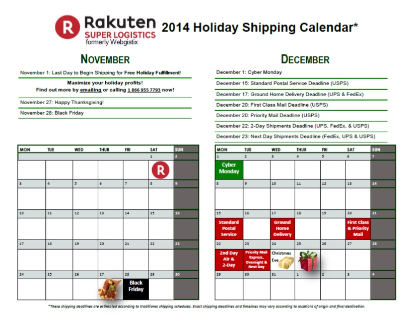 Rakuten Super Logistics Holiday Shipping Calendar