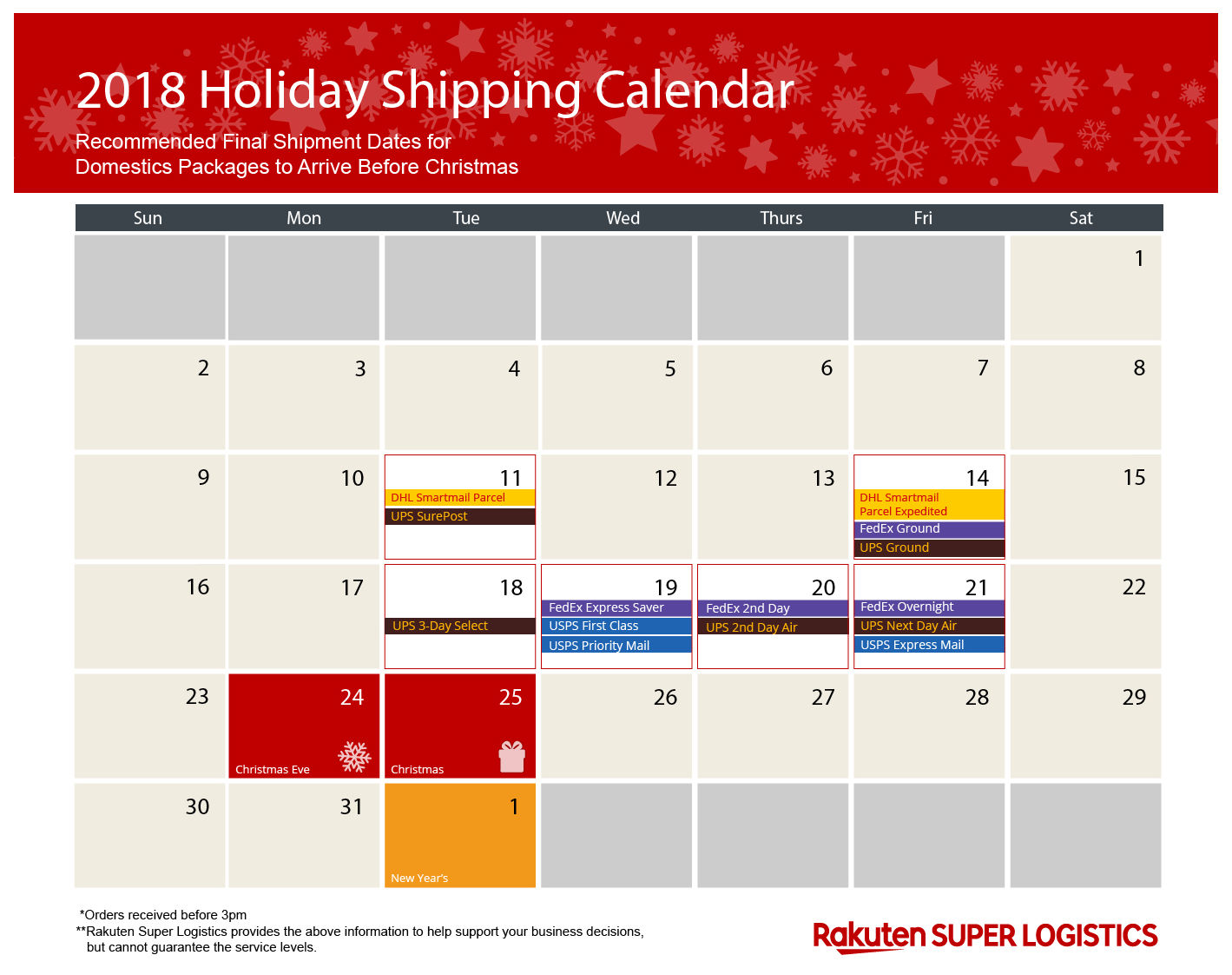 2018 Holiday Shipping Calendar RSL