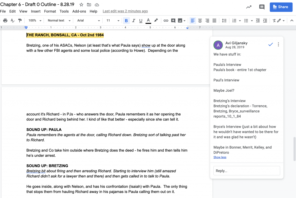 Podcast outline in Google Docs