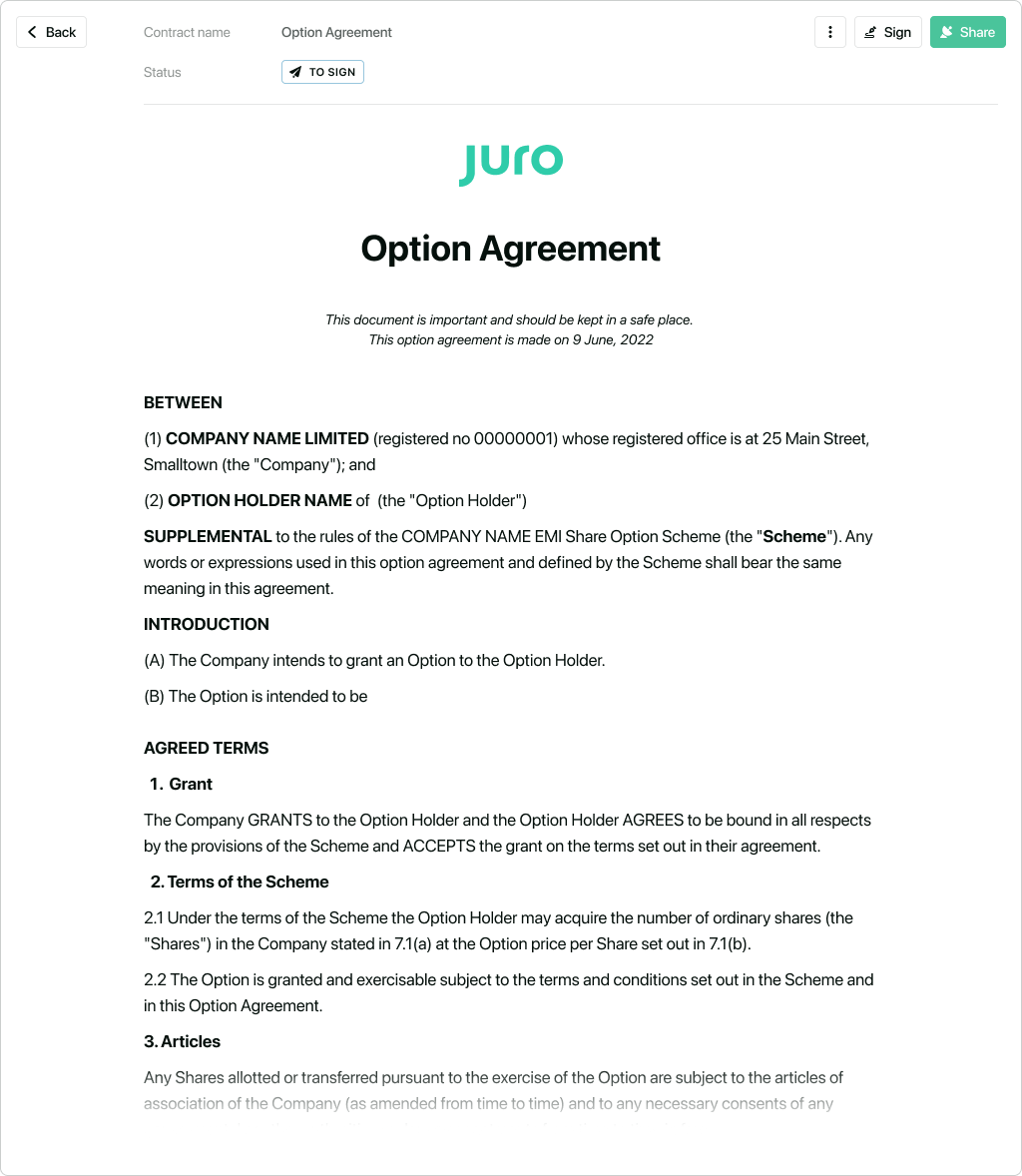 Option Agreement Template Free To Download EMI Shares 