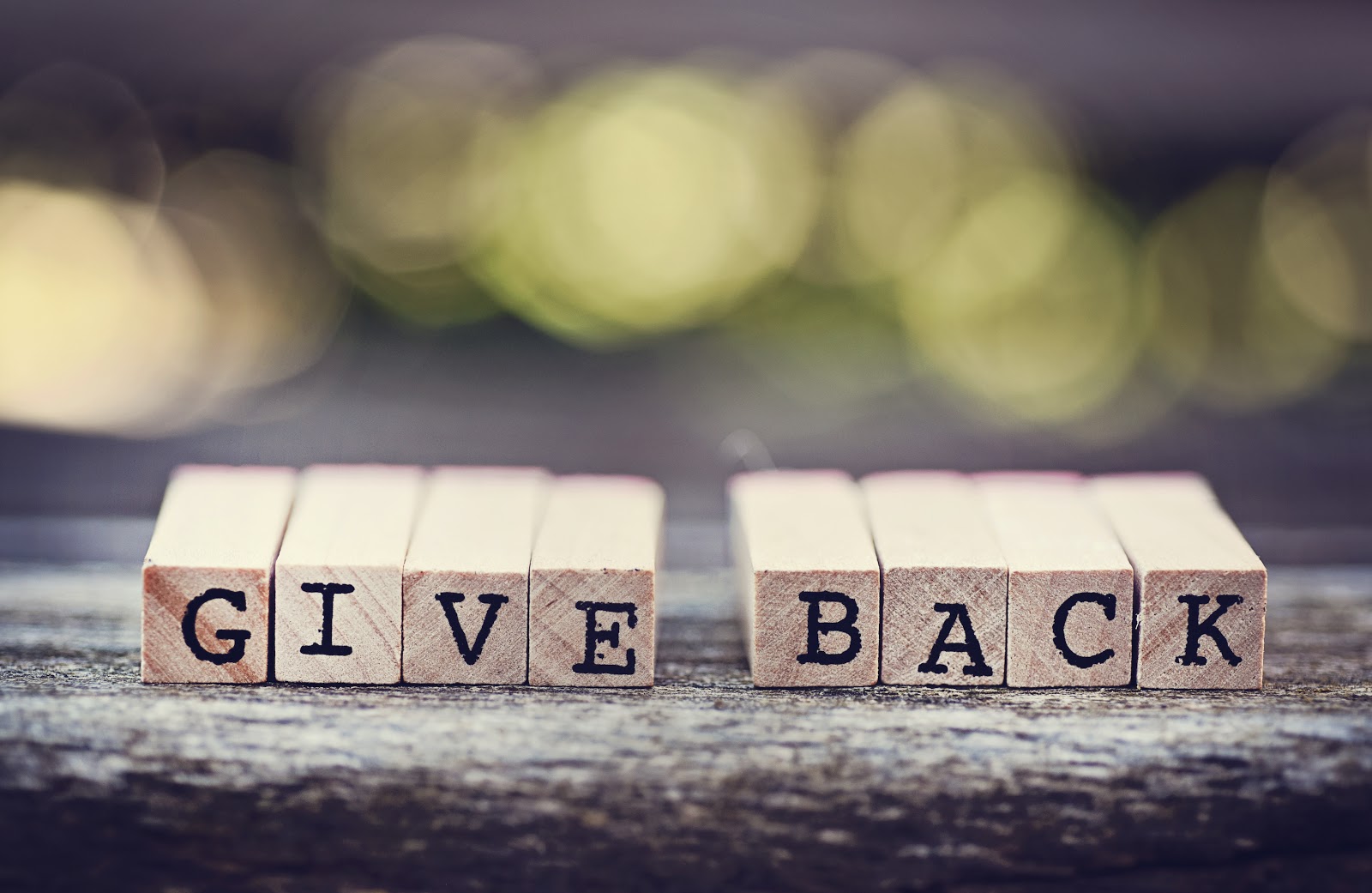Donation request letter: Wooden block letters that say "Give Back"