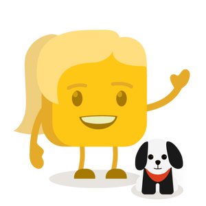 Jenny's buttermoji waving with her dog close by