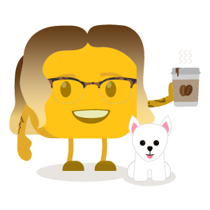 Jacqueline's buttermoji holding a cup of coffee with her dog alongside her