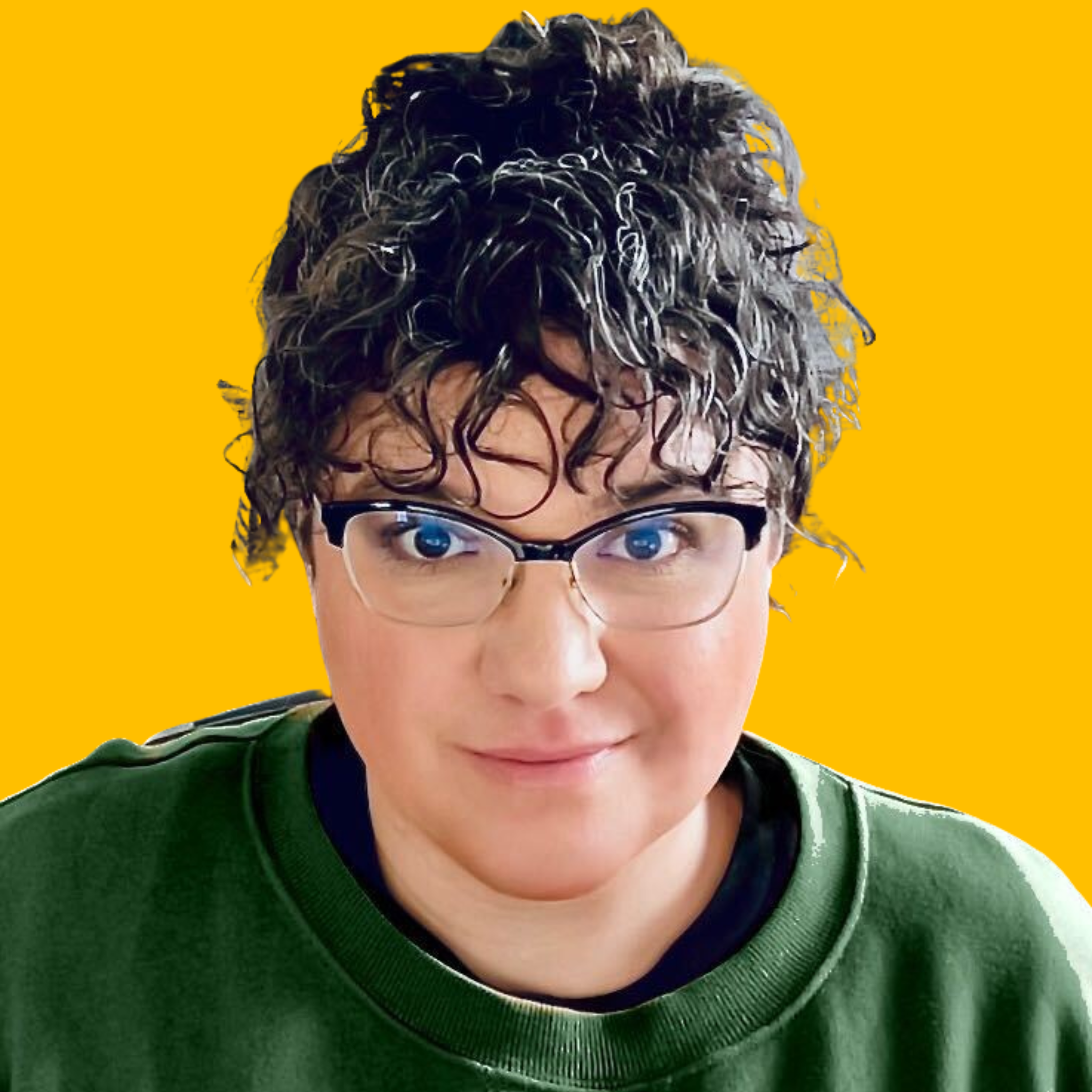 Cathryne's headshot against a yellow background