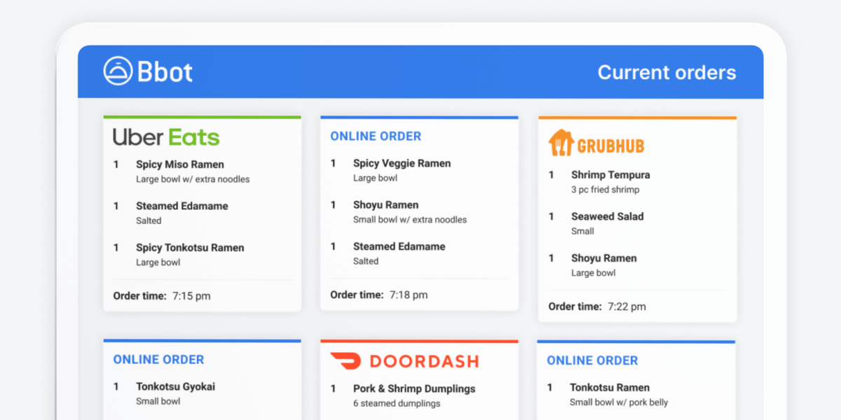A Bbot KDS screen with third-party and online orders together