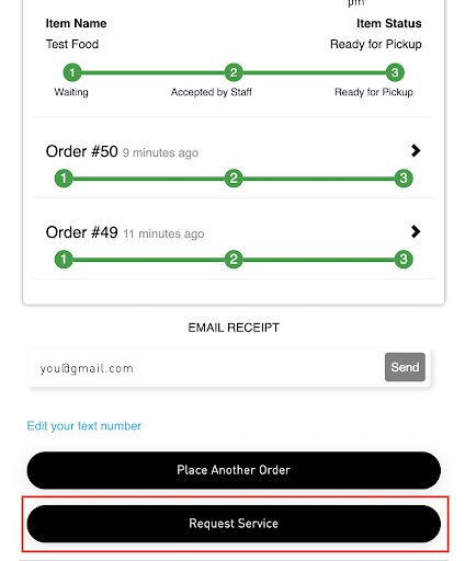 A restaurant ordering screen with a button that says 'Place another order' and 'Request service.' 