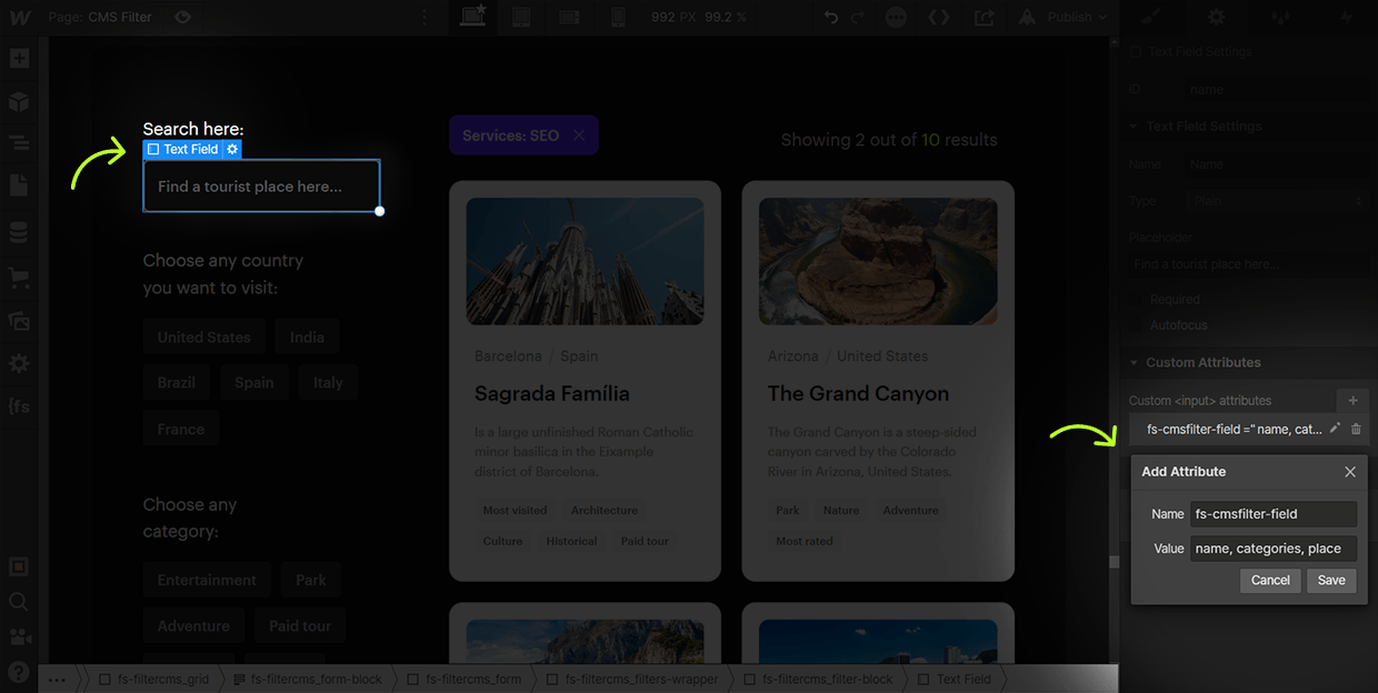 how to add an cmsfilter text field attribute