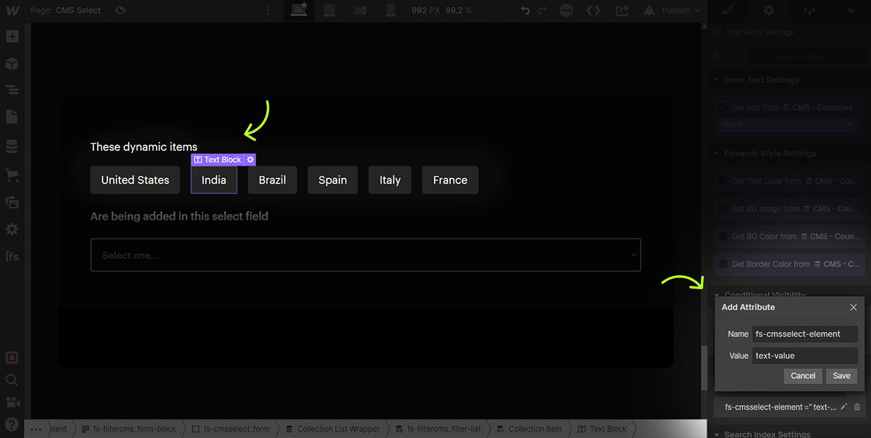 how to add cms select text value attribute