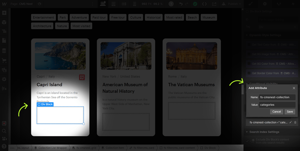 how to add cms nest categories attribute