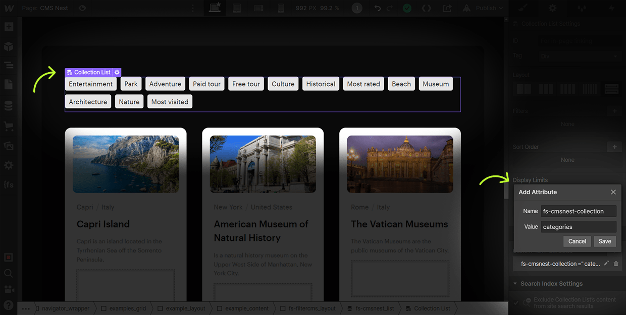 how to add cms nest collection attribute