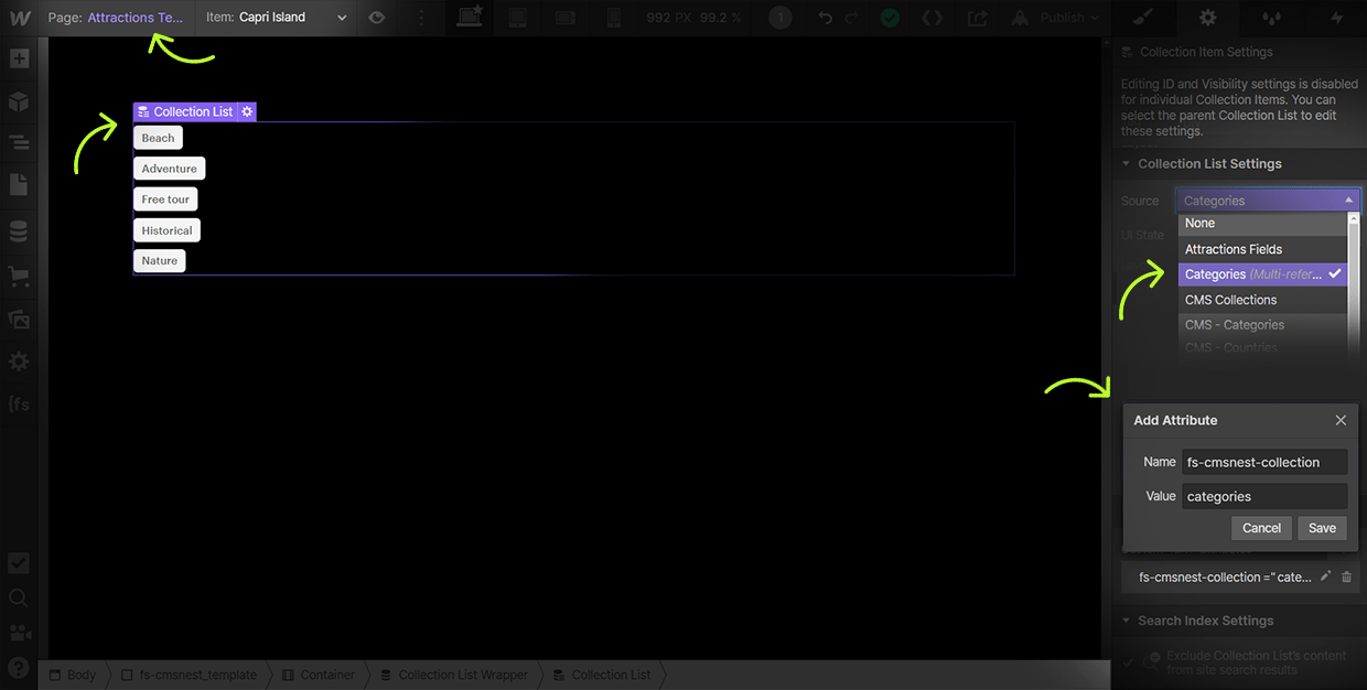 how to set a cms nest on webflow