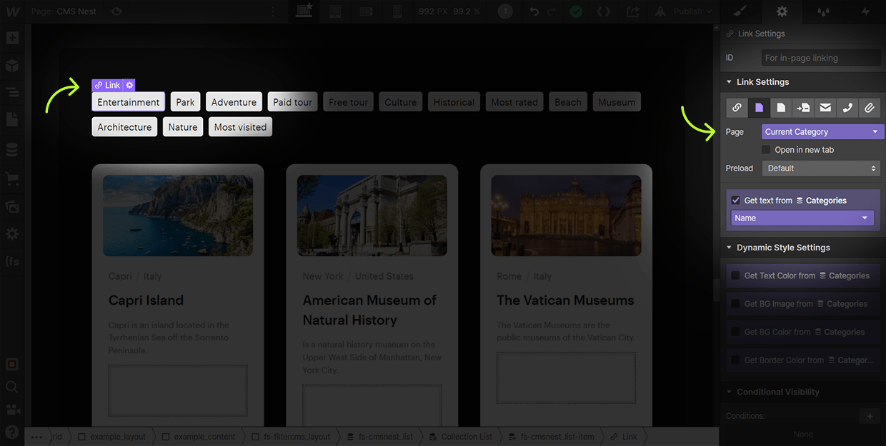 how to set a dynamic link on webflow