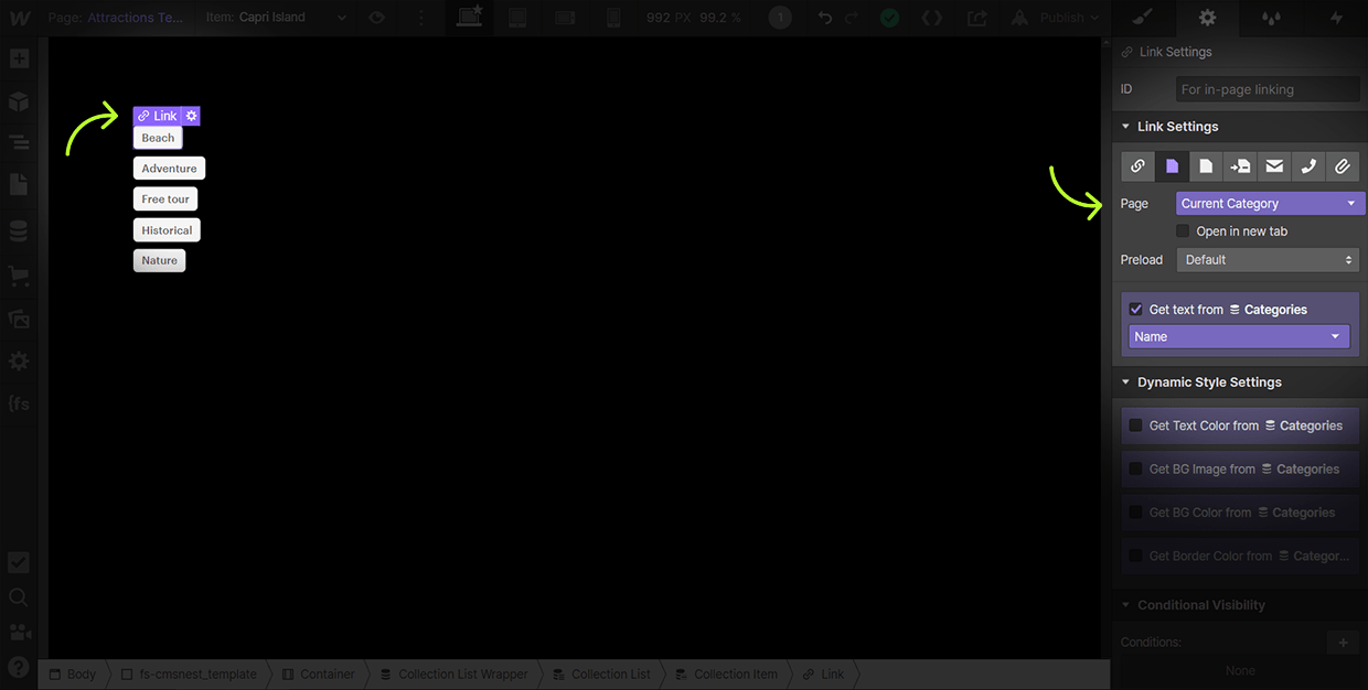how to set a dynamic link on webflow
