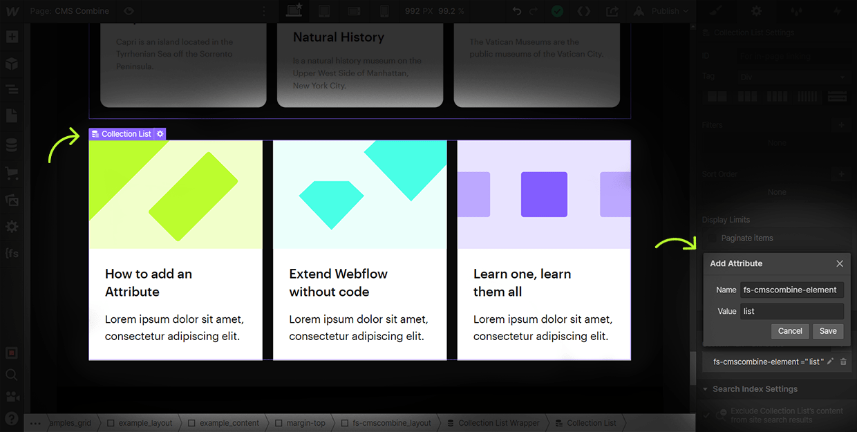 how to add cms combine list attribute