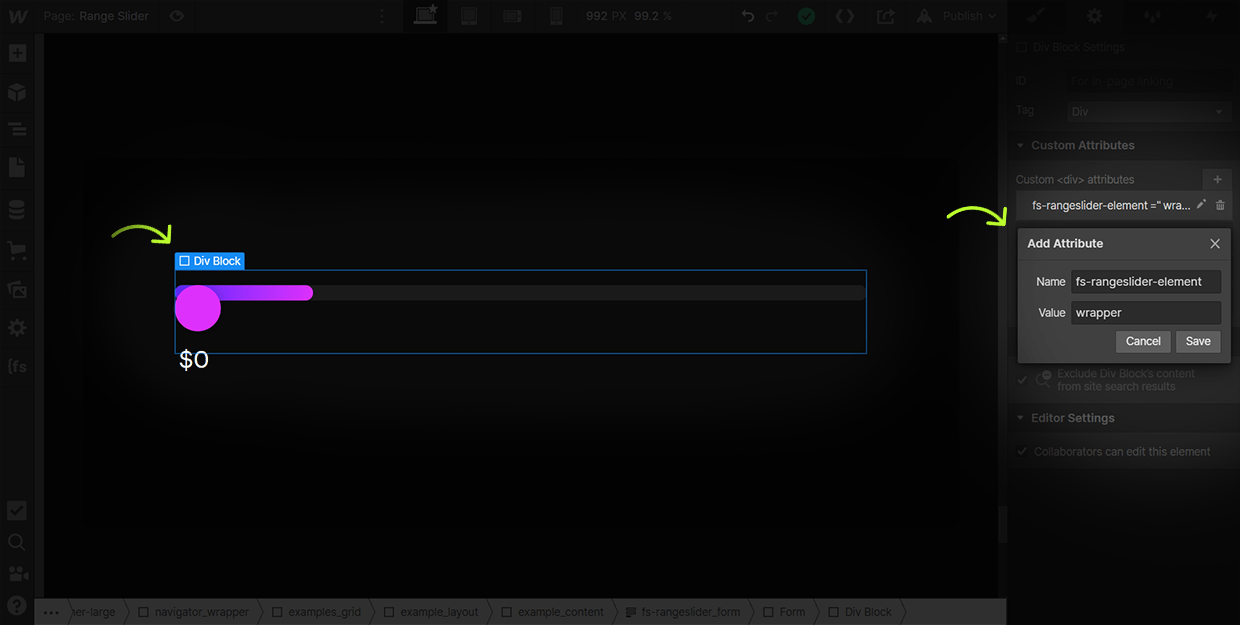 how to add range slider wrapper attribute