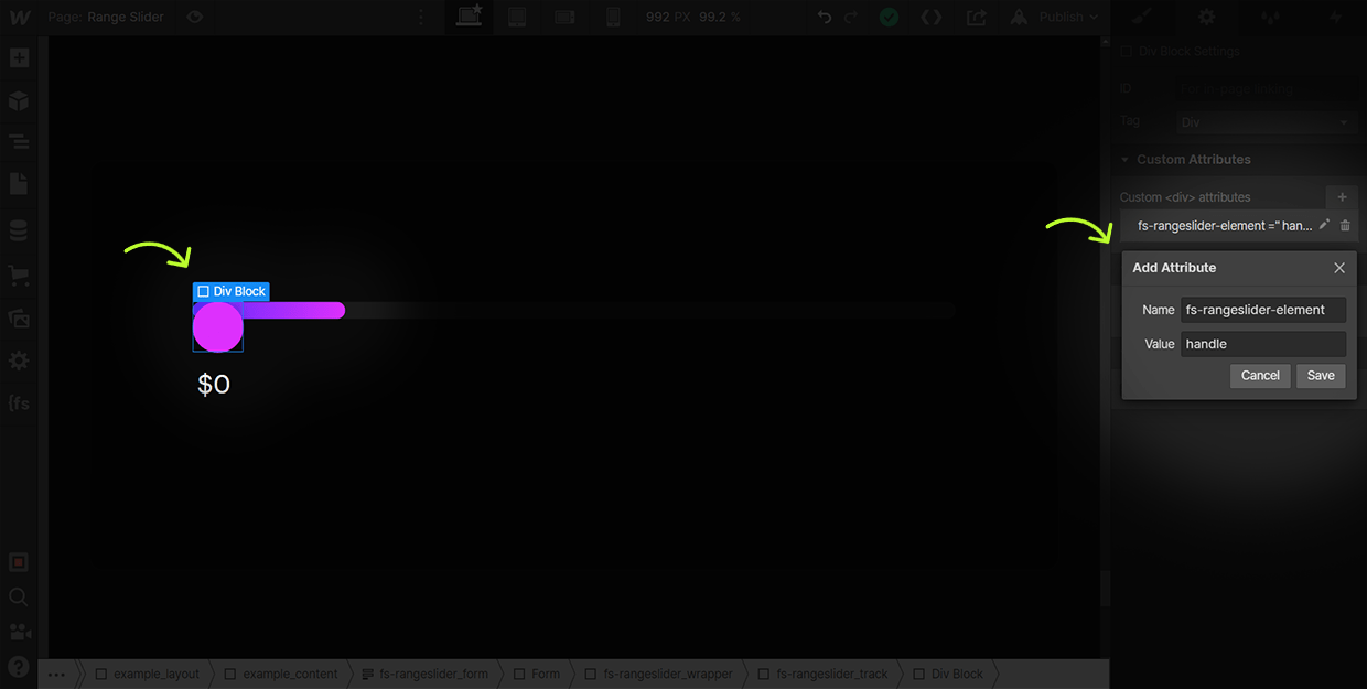 how to add range slider handle attribute