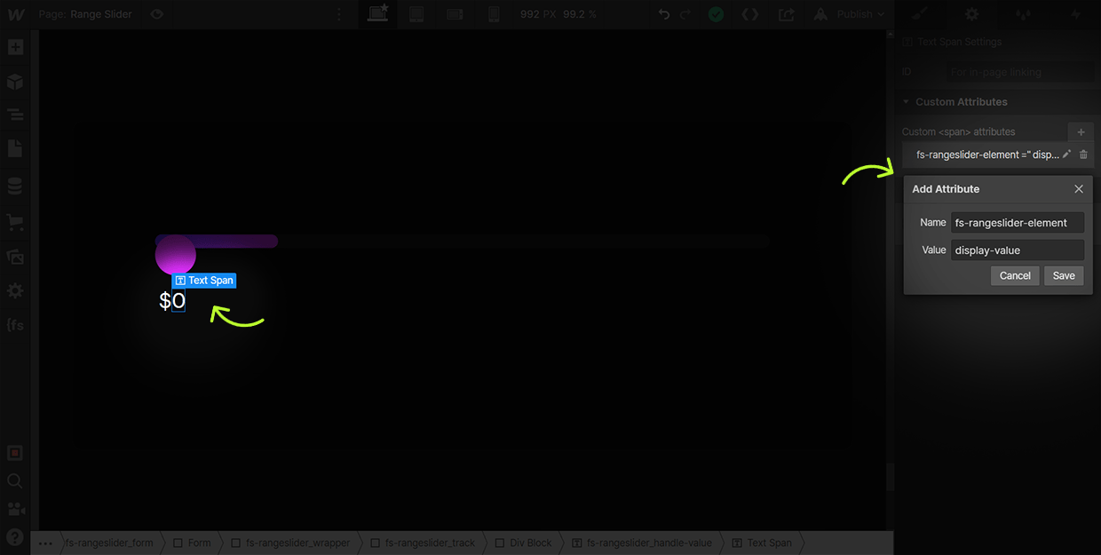 how to add range slider display value attribute