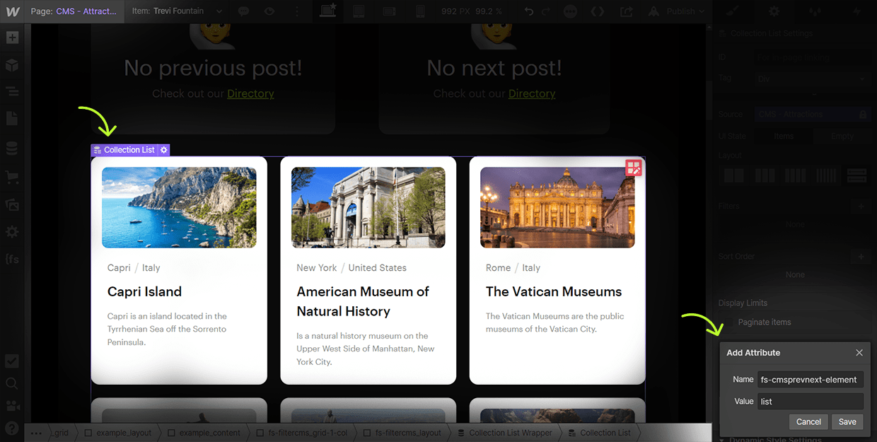 how to add cms previous next list attribute