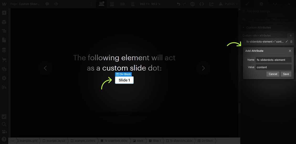 how to add sliderdots content attribute