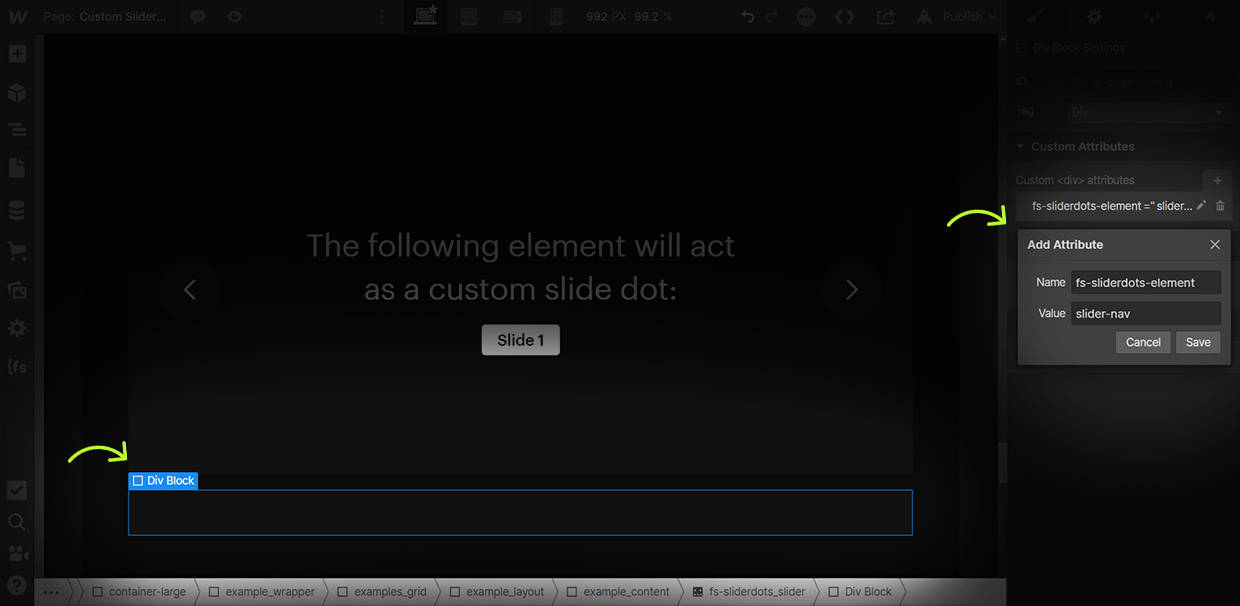 how to add sliderdots nav attribute