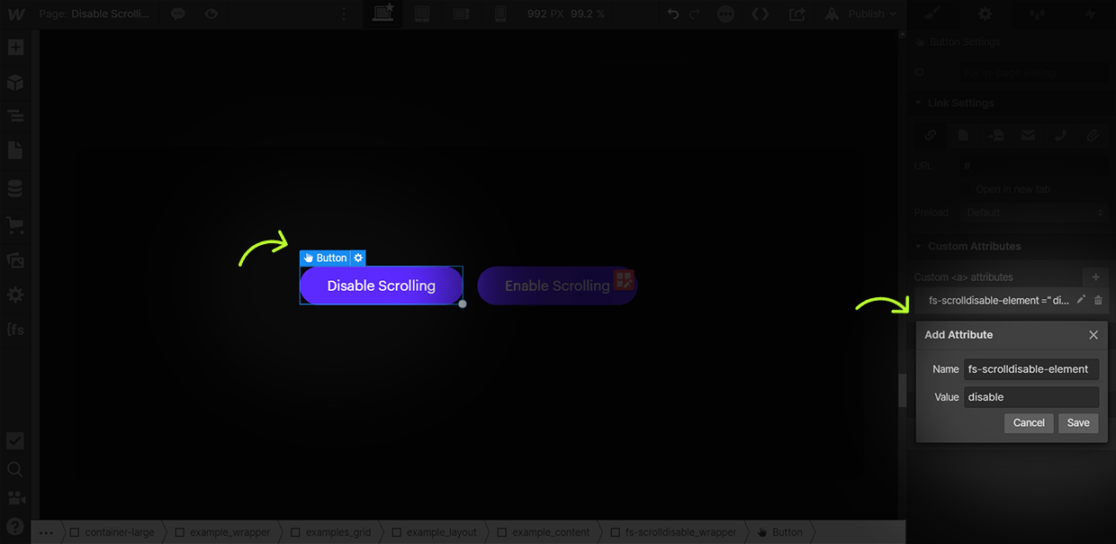 how to add scroll disable attribute