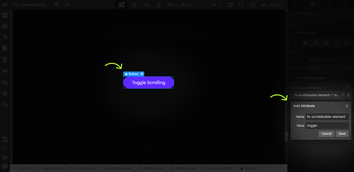 how to add scroll disable toggle attribute