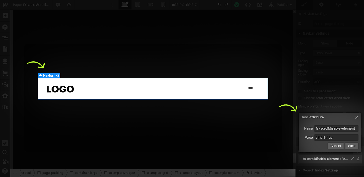 how to add scroll disable navbar attribute