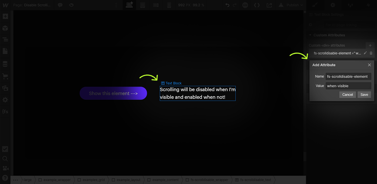 how to add scroll disable when visible attribute