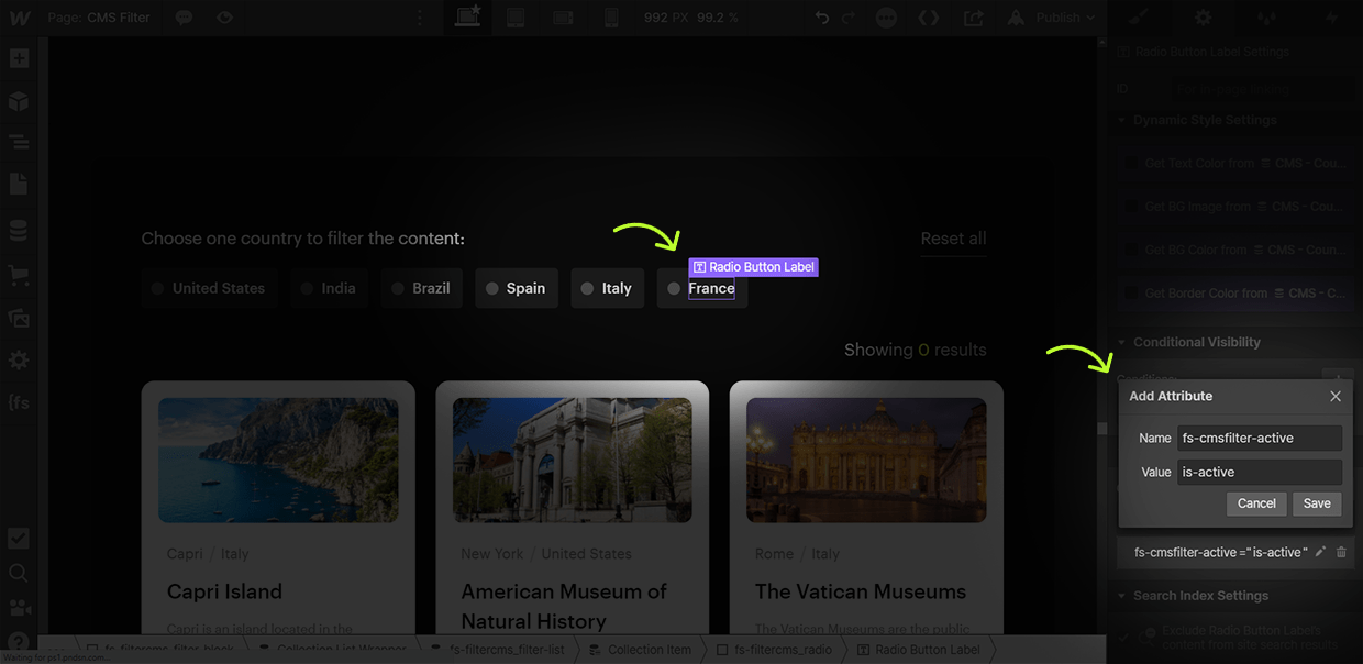 how to add cms filter active class