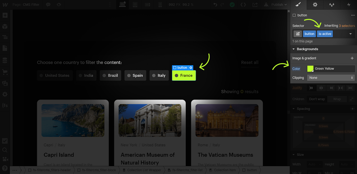 how to add cms filter active attribute