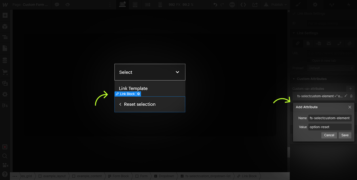 how to add a selectcustom reset attribute