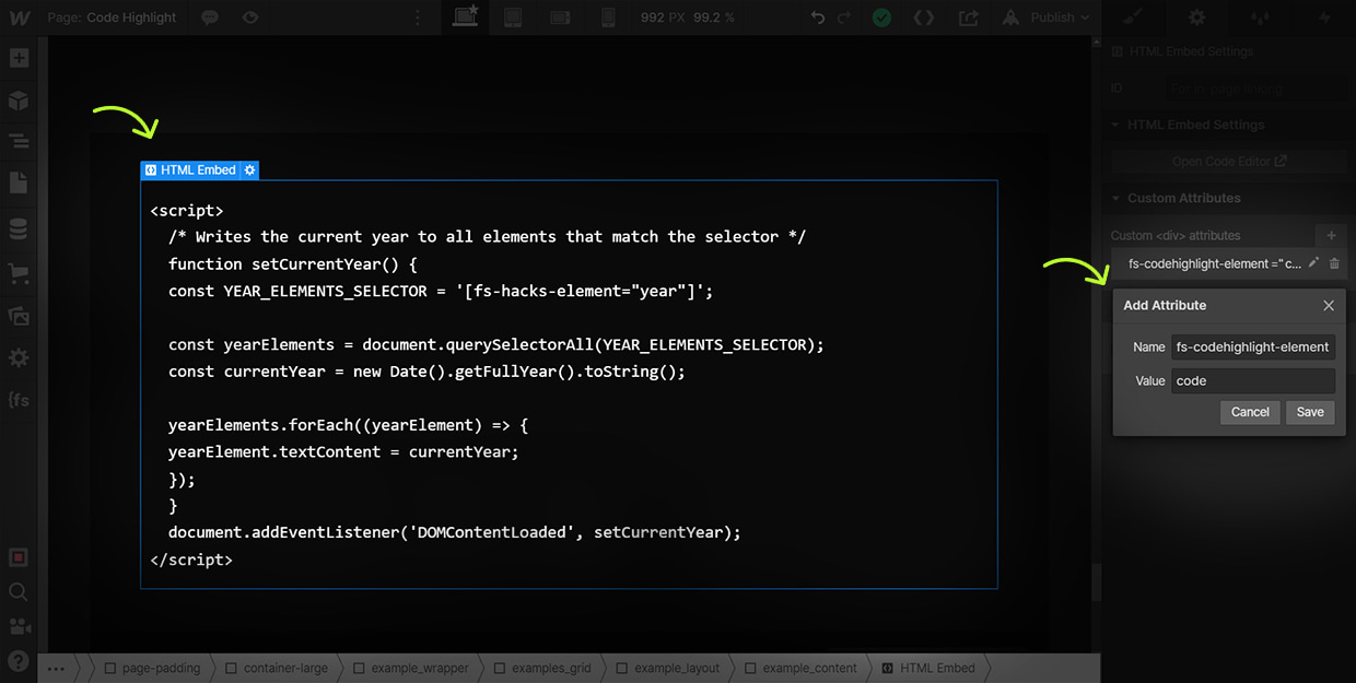 how to add codehighlight attributes to the embed