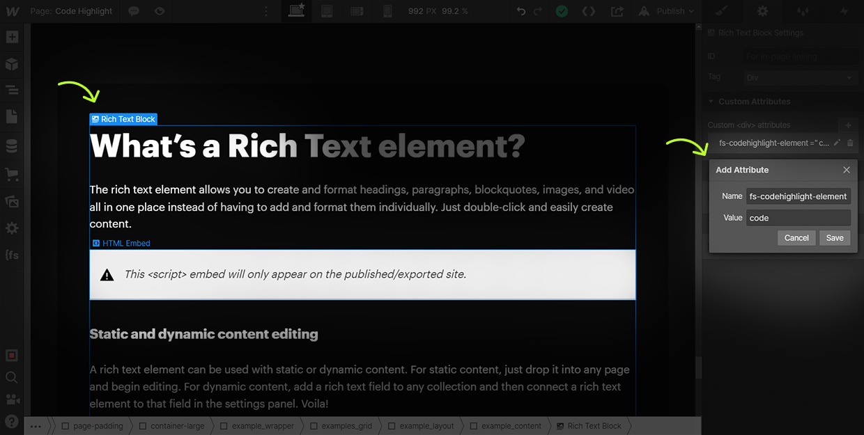 hwo to add codehighlight attributes to a richtext element
