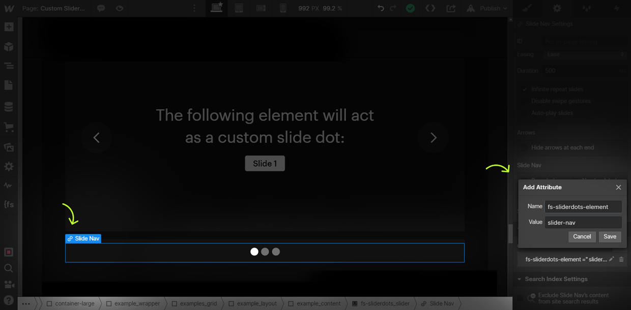 how to add sliderdots nav attribute
