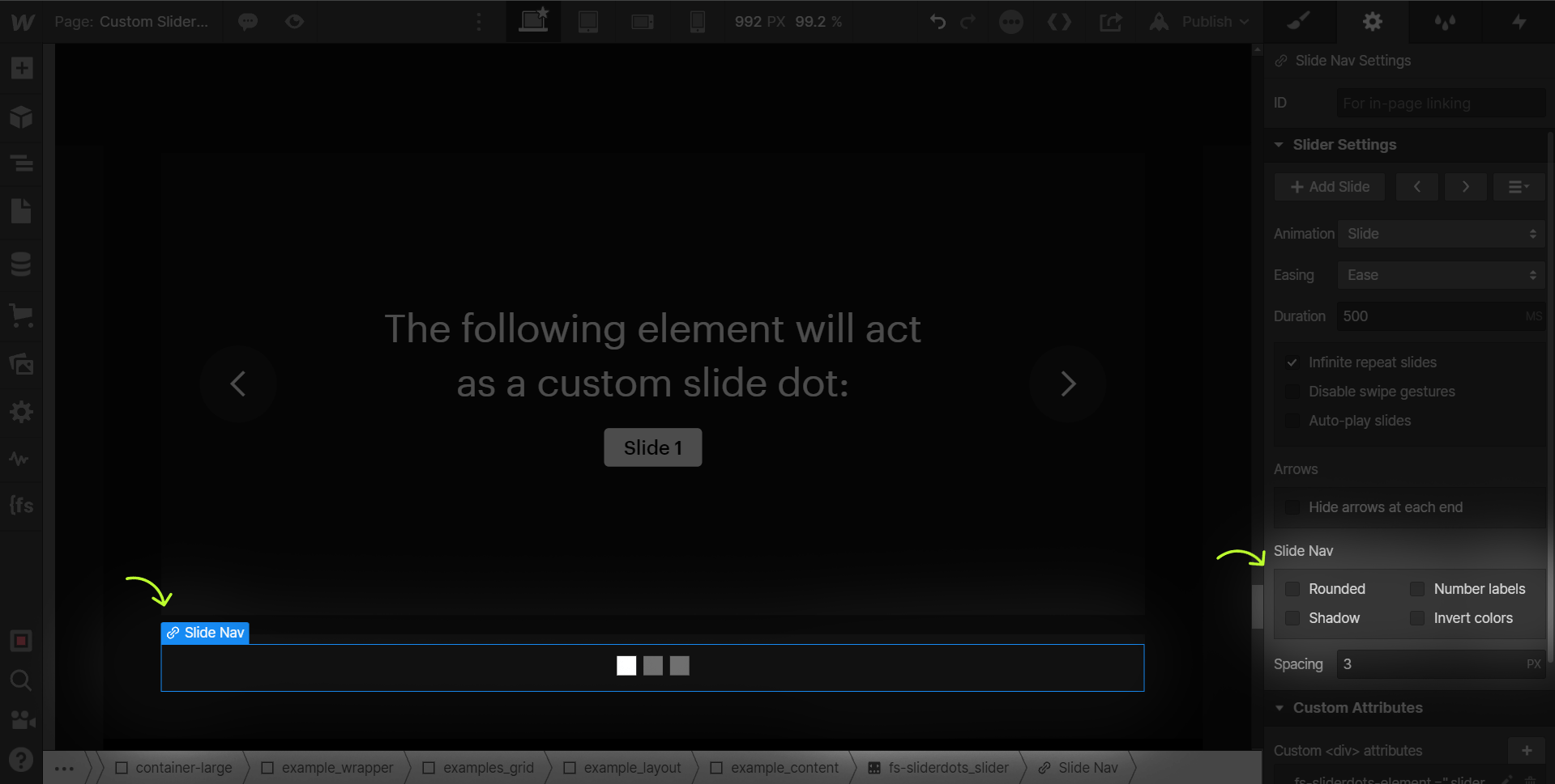 how to add sliderdots nav attribute