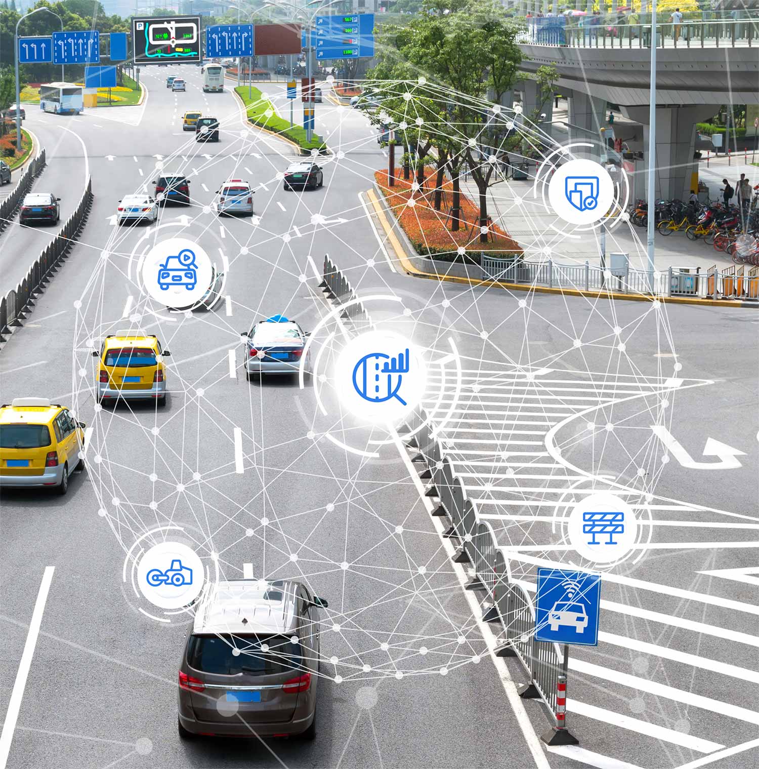 Intelligent road with globe and icons for smart city