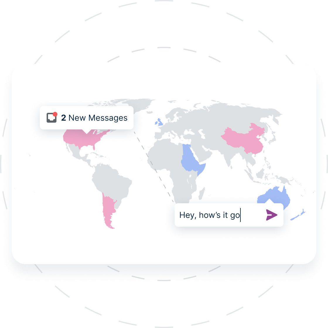 A world map with a few popular locations highlighted to show the diverse range of patients across the globe. There is also a message notification in the US, and a message field with someone typing in Australia. This shows how interconnected the platform is.