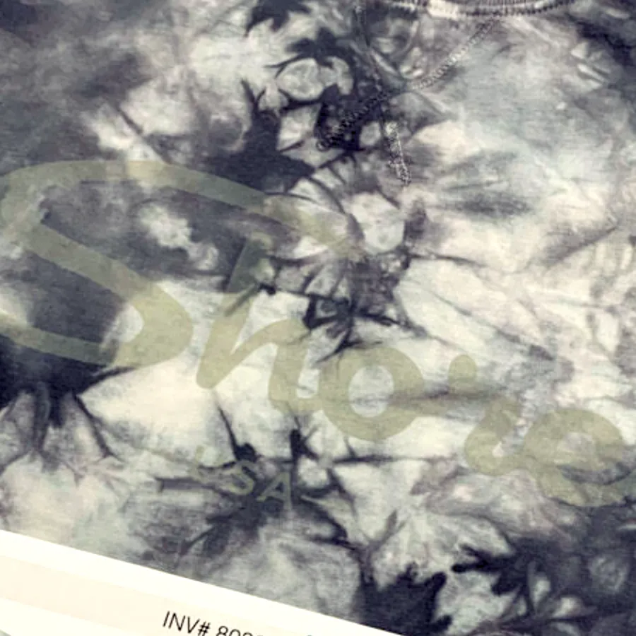 Light gray water-based ink on dark tie dye sweaatshirts