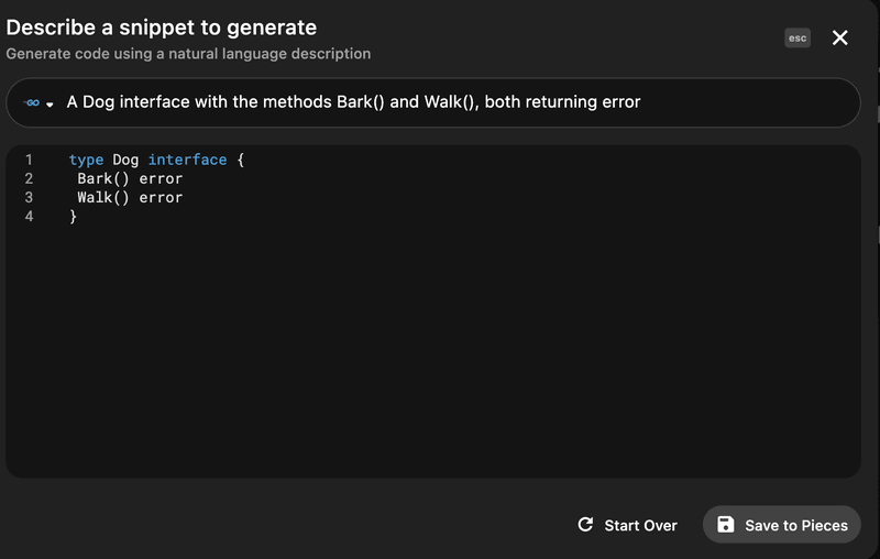 Code snippet generation with Pieces.