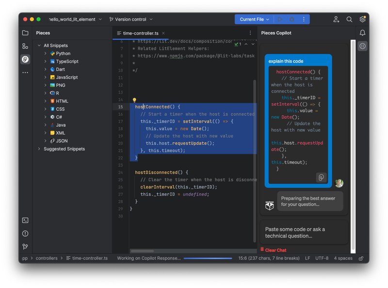 The Pieces Copilot in JetBrains.