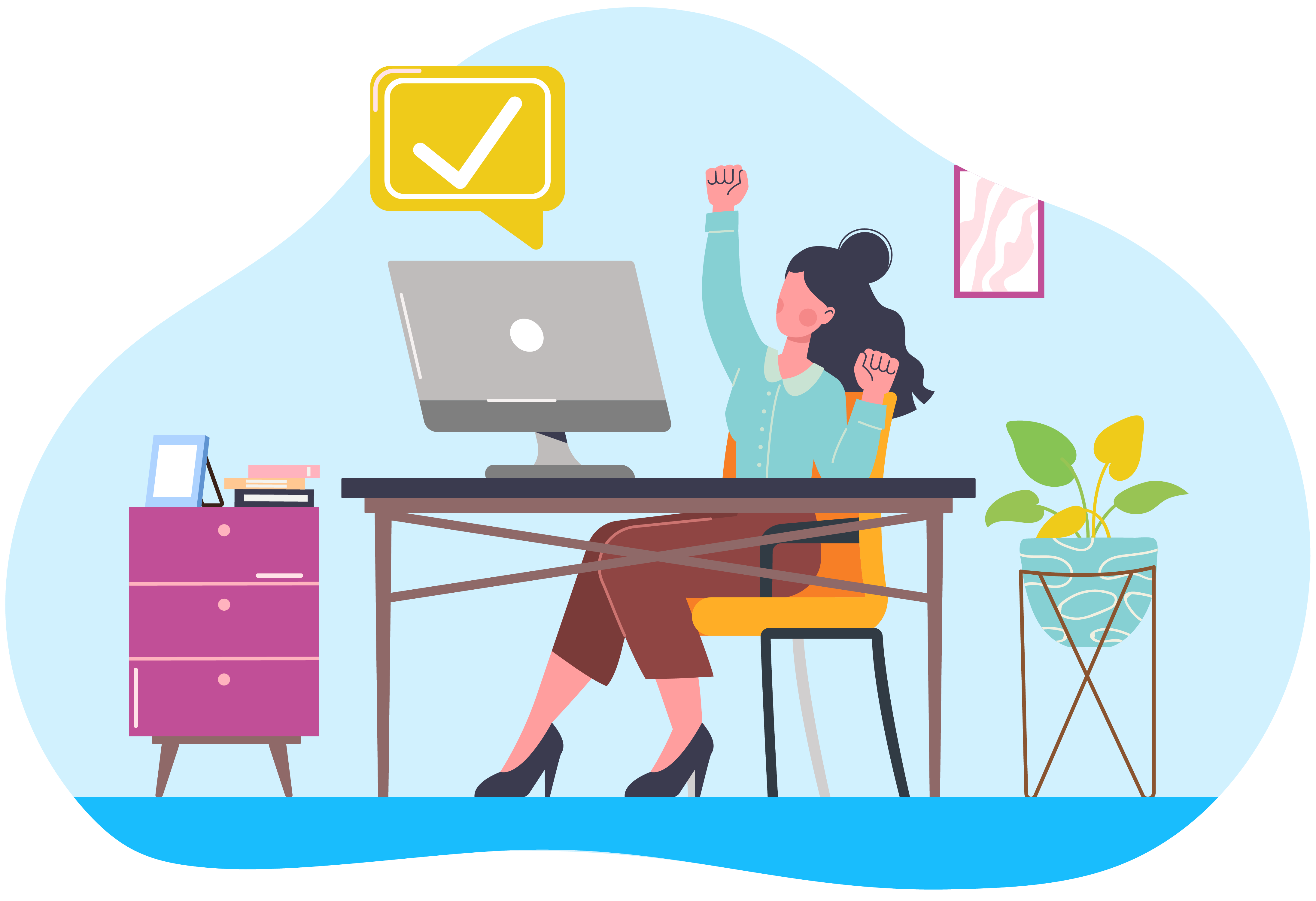 illustration showing happy woman at desk with computer