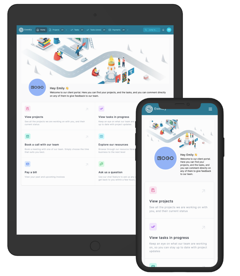 A collection of components from a Noloco app, such as charts, kanban boards and comments