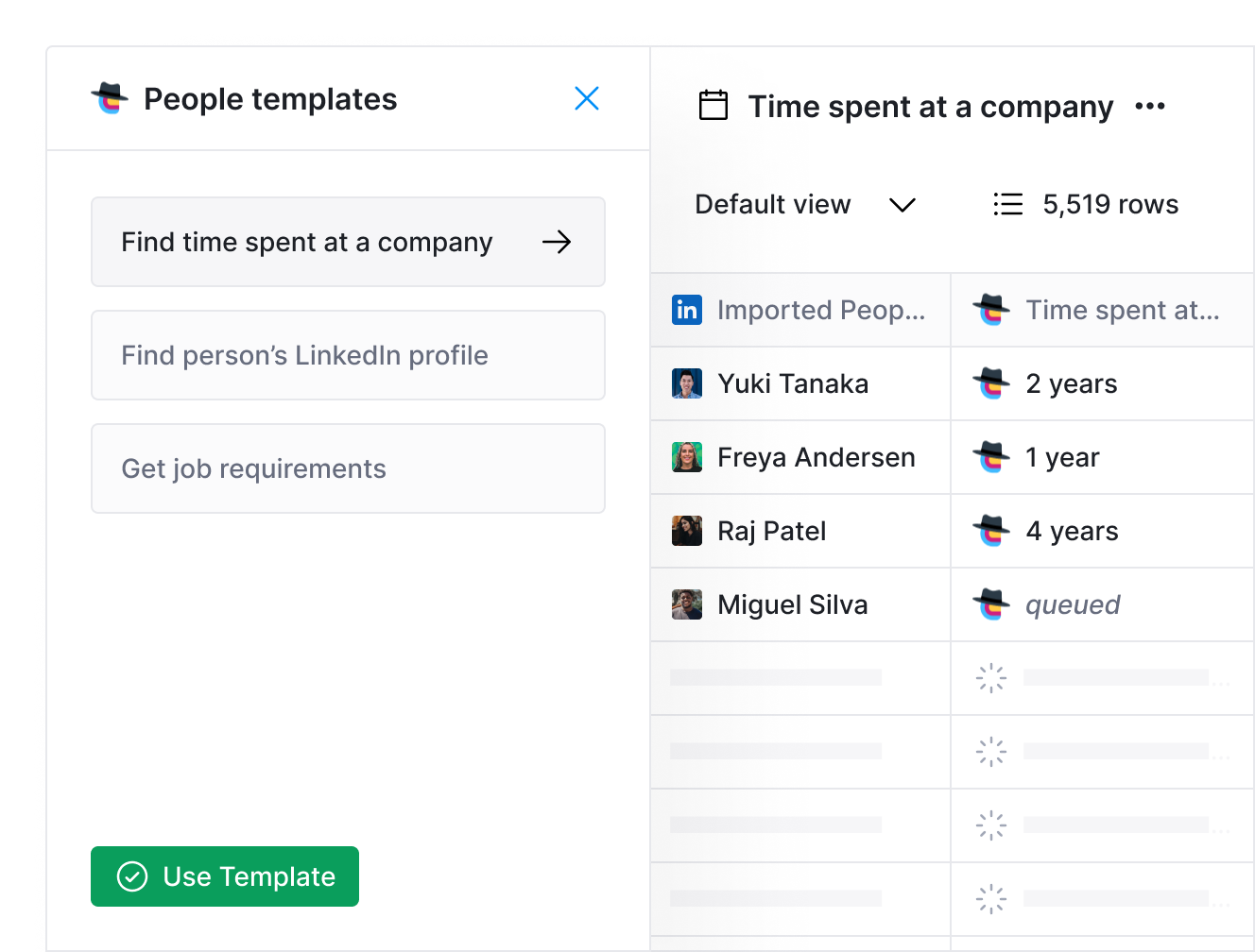 A product mockup of the AI web scraper tool Claygent showing a list of questions users can ask Claygent to research people online and a table with imported LinkedIn profiles and Claygent enrichments showing how Claygent works.