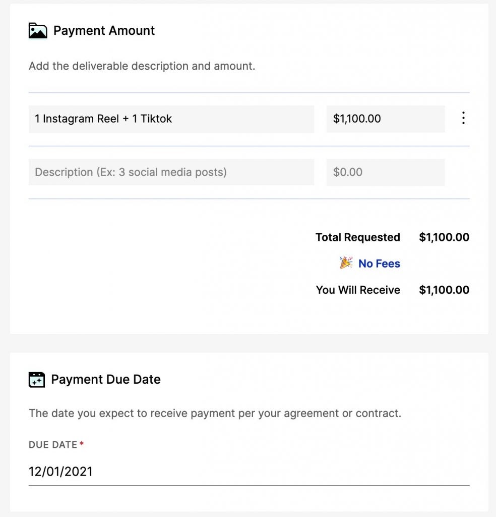 Payment request from creator to brand