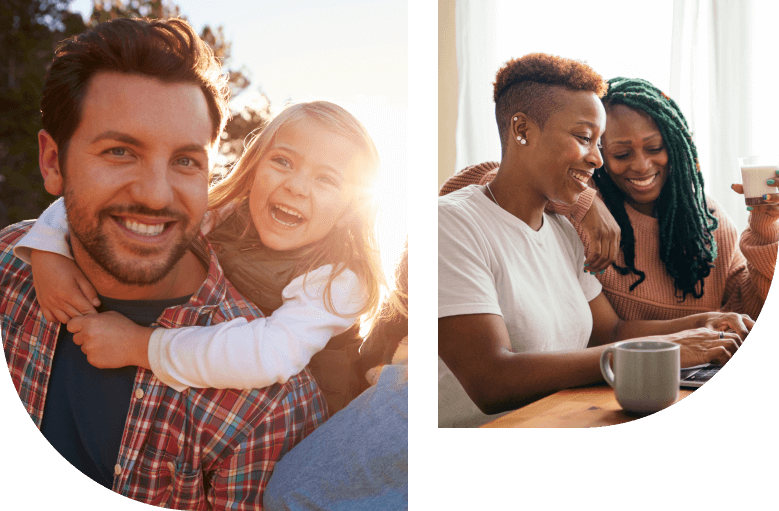 Left image: A happy father giving her daughter a piggyback ride.
Right image: A female typing on her laptop with her female lover leaning on her shoulder
