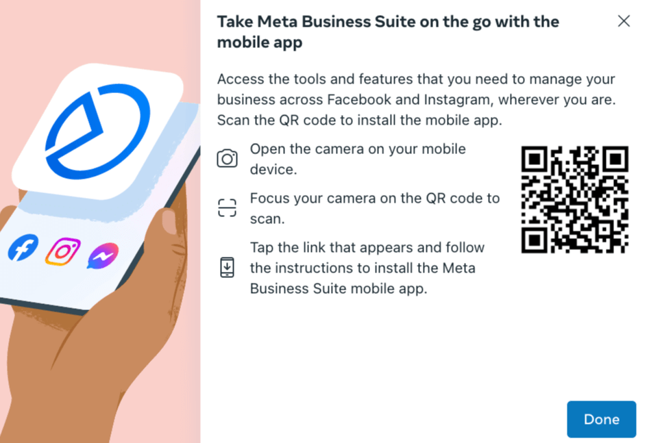 Download the Meta Business Suite mobile app QR code.