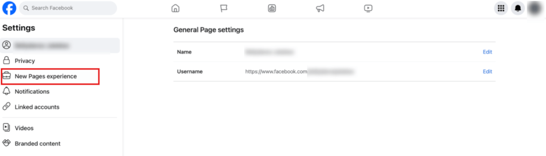 General page settings with New Pages experience highlighted.